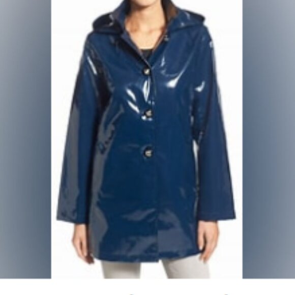 Jane Post XS Navy/Teal Detachable Hood Iconic Princess Rain Slicker Jacket NWT - Picture 7 of 8
